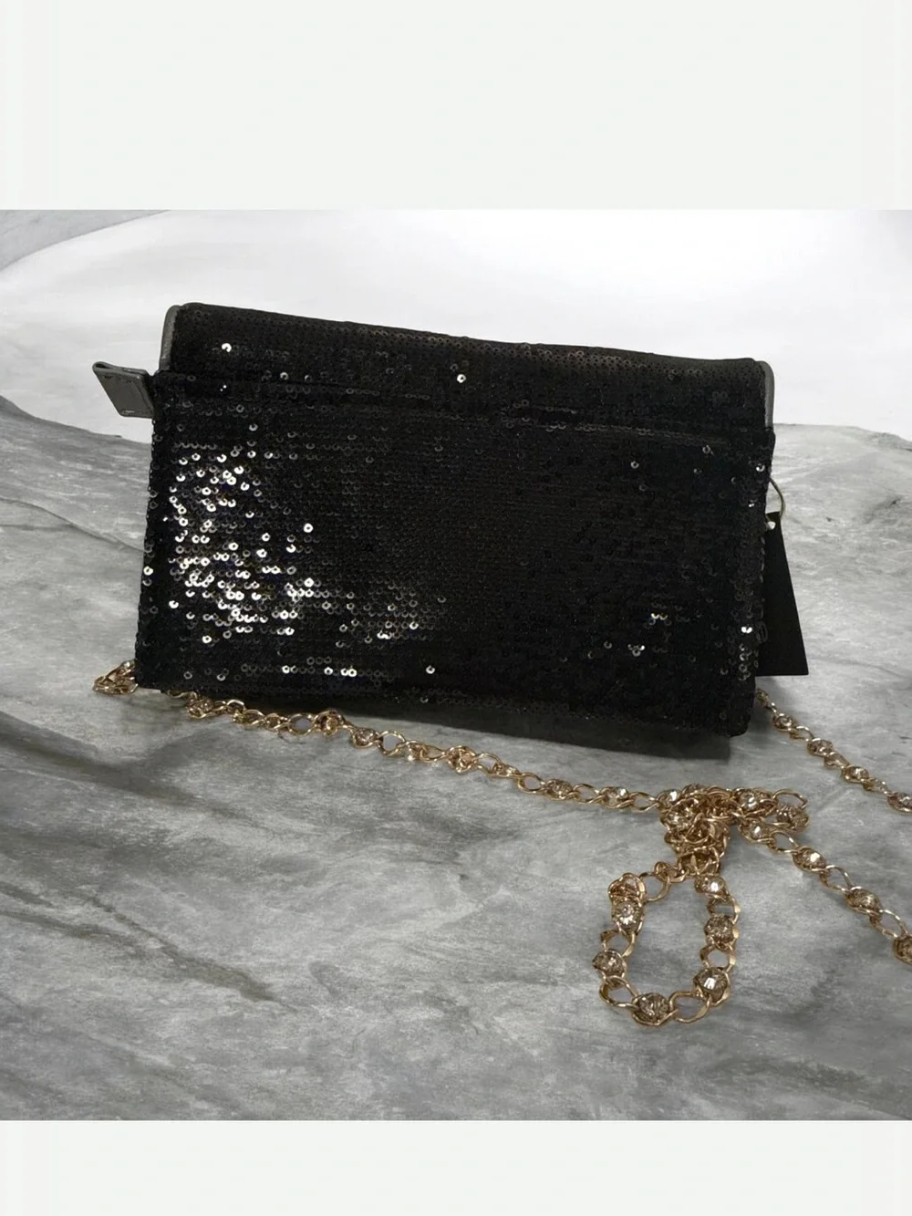 Bebe Black Sequin Clutch with  Gold embellished chain and Gold 'B' Emblem